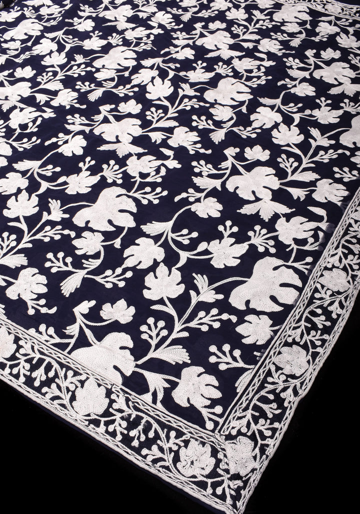 Chinar Aari Embroidery Kashmiri Saree in Midnight Blue Georgette with resplendent Pallu and skirt border