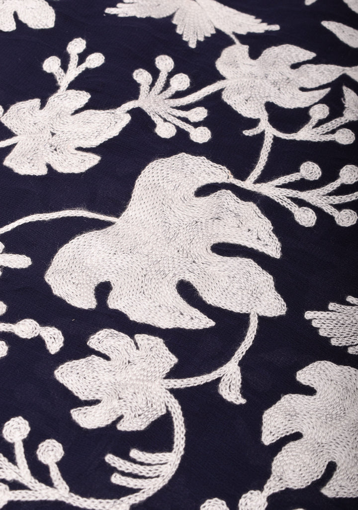 Chinar Aari Embroidery Kashmiri Saree in Midnight Blue Georgette with resplendent Pallu and skirt border