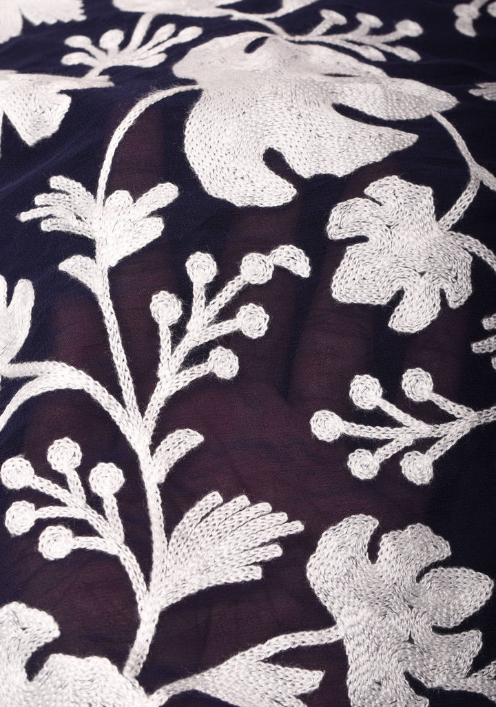 Chinar Aari Embroidery Kashmiri Saree in Midnight Blue Georgette with resplendent Pallu and skirt border