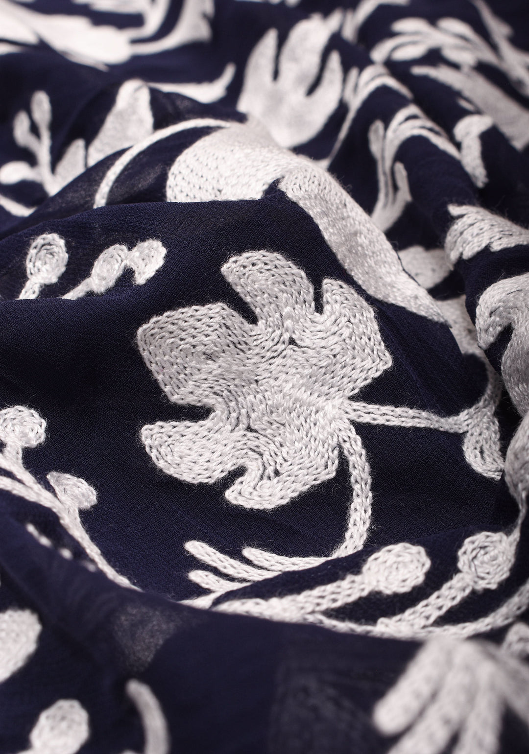 Chinar Aari Embroidery Kashmiri Saree in Midnight Blue Georgette with resplendent Pallu and skirt border
