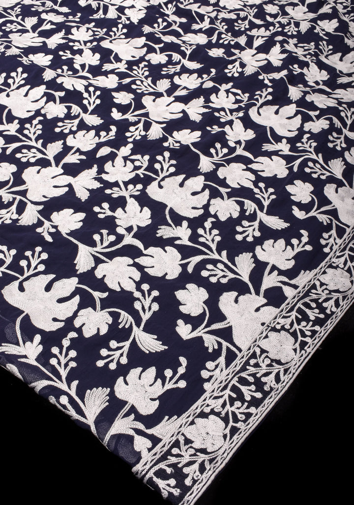 Chinar Aari Embroidery Kashmiri Saree in Midnight Blue Georgette with resplendent Pallu and skirt border