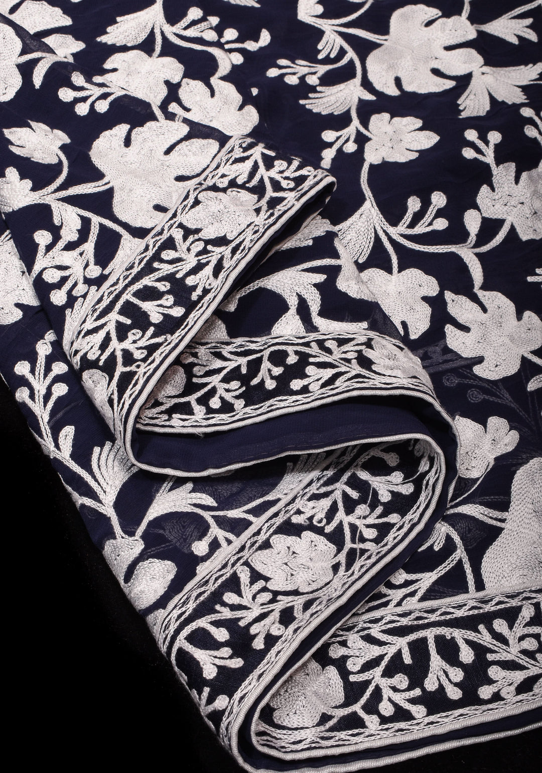 Chinar Aari Embroidery Kashmiri Saree in Midnight Blue Georgette with resplendent Pallu and skirt border