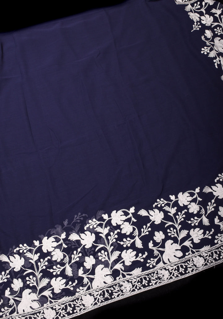 Chinar Aari Embroidery Kashmiri Saree in Midnight Blue Georgette with resplendent Pallu and skirt border