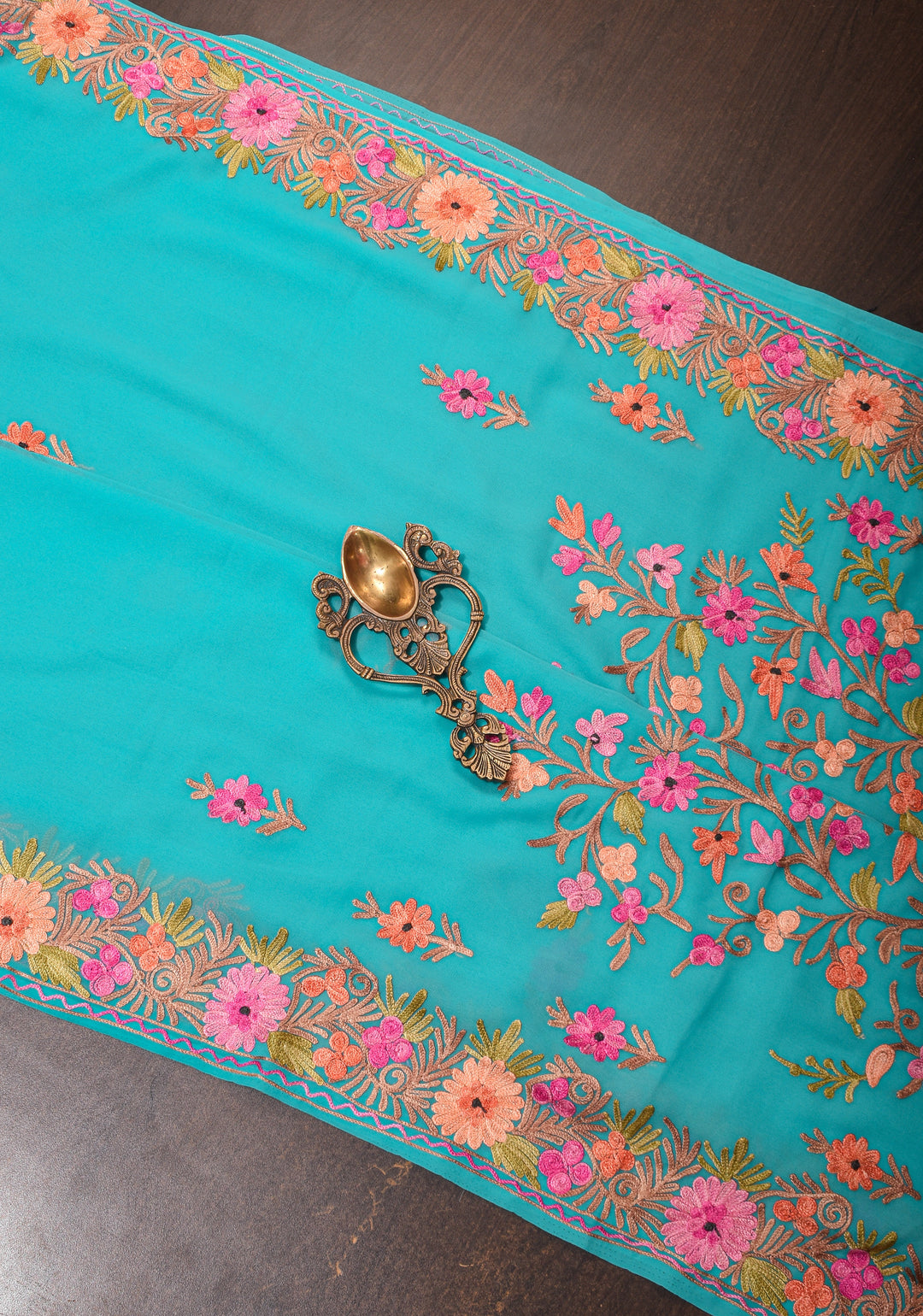 Kashmiri Aari Embroidery Georgette Pre Drape Saree in Cyan