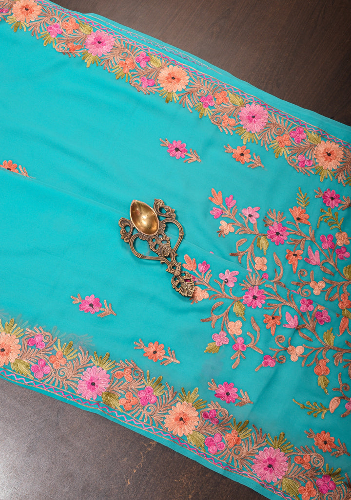 Kashmiri Aari Embroidery Georgette Pre Drape Saree in Cyan