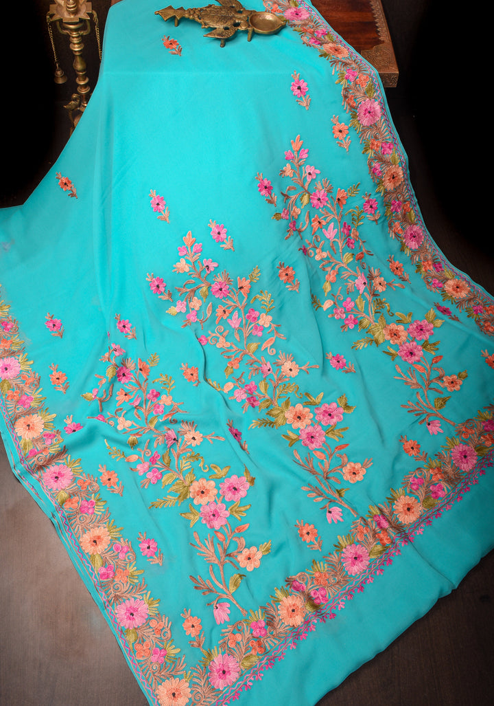 Kashmiri Aari Embroidery Georgette Pre Drape Saree in Cyan