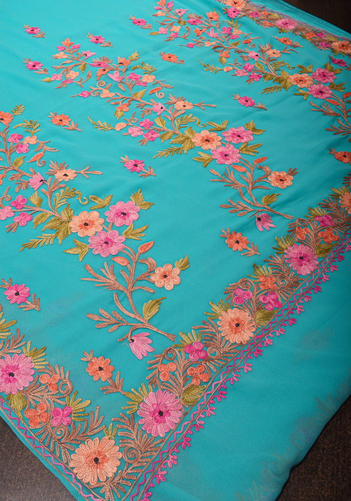Kashmiri Aari Embroidery Georgette Pre Drape Saree in Cyan