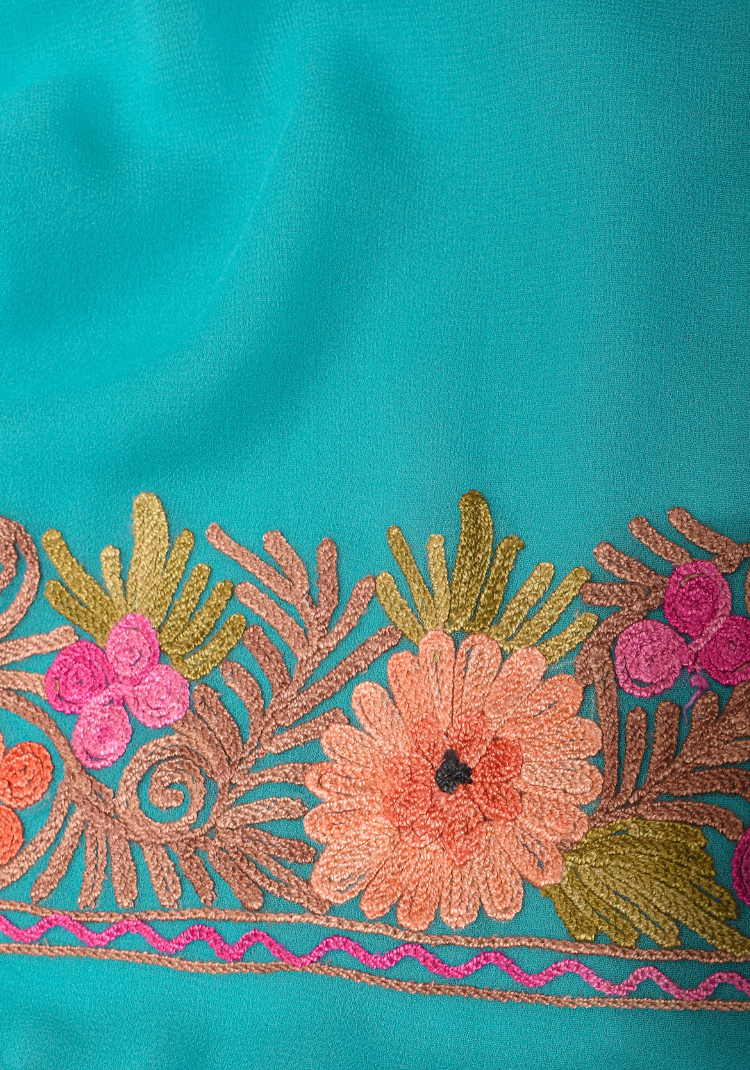 Kashmiri Aari Embroidery Georgette Pre Drape Saree in Cyan