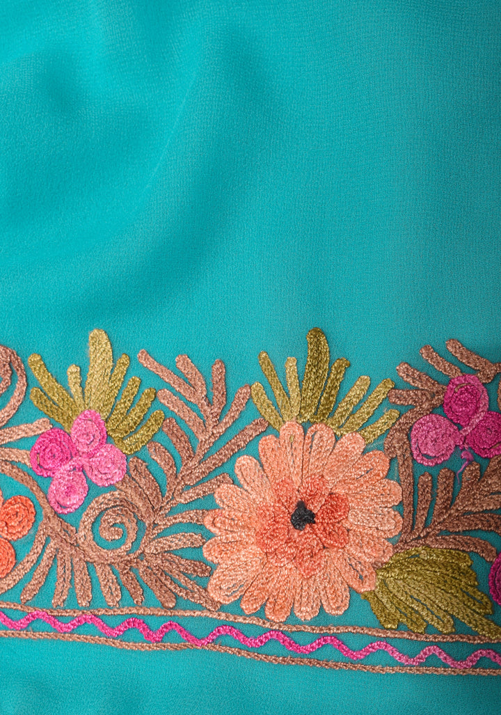 Kashmiri Aari Embroidery Georgette Pre Drape Saree in Cyan