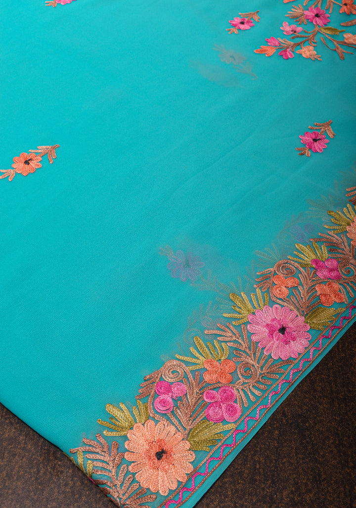 Kashmiri Aari Embroidery Georgette Pre Drape Saree in Cyan