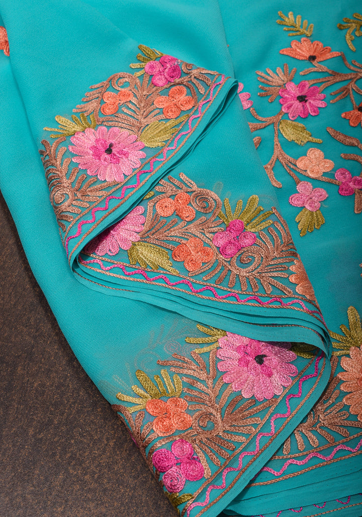 Kashmiri Aari Embroidery Georgette Pre Drape Saree in Cyan