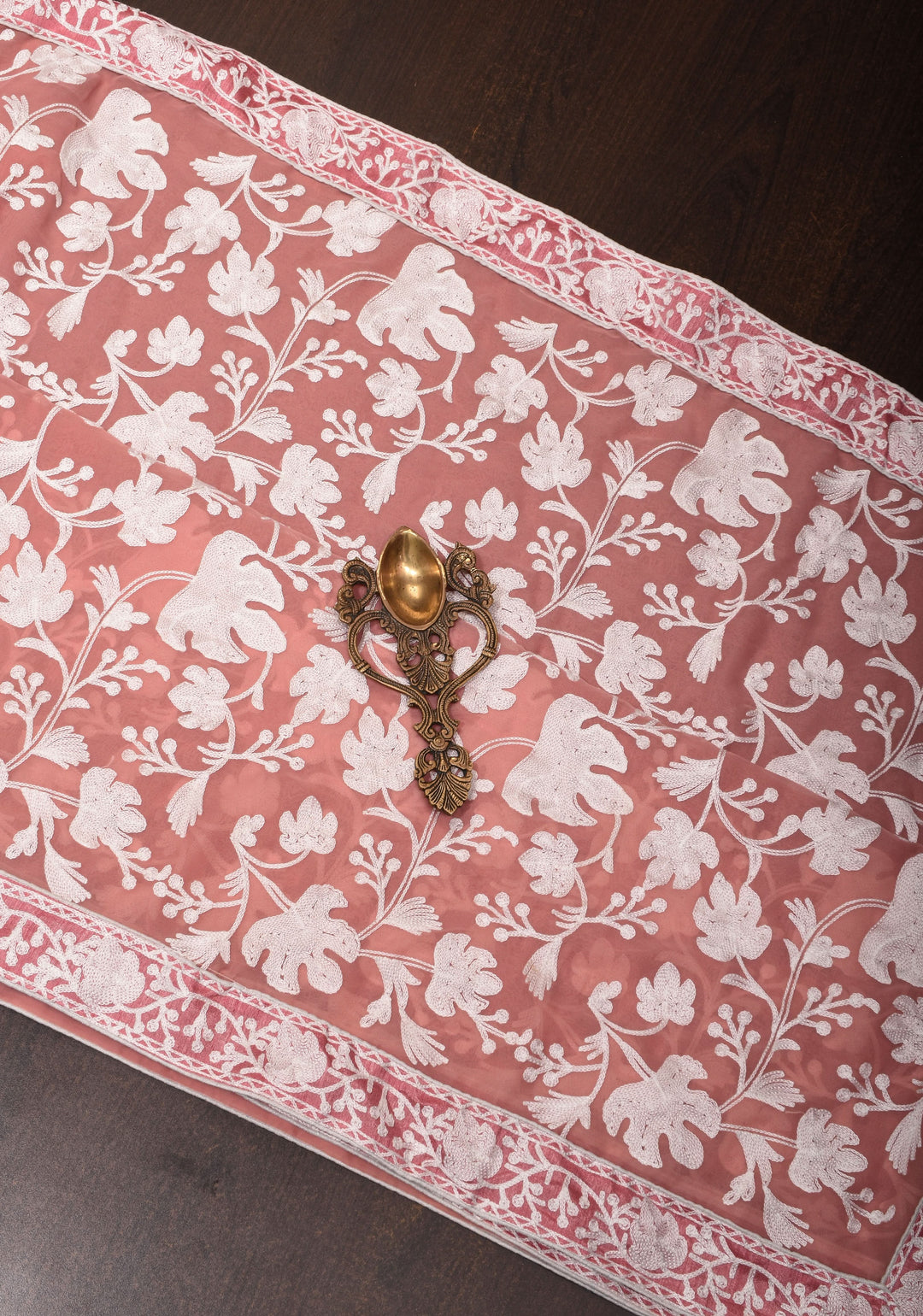 Dusky Rose Georgette Half Jaal Kashmiri Aari Embroidered Floral Saree