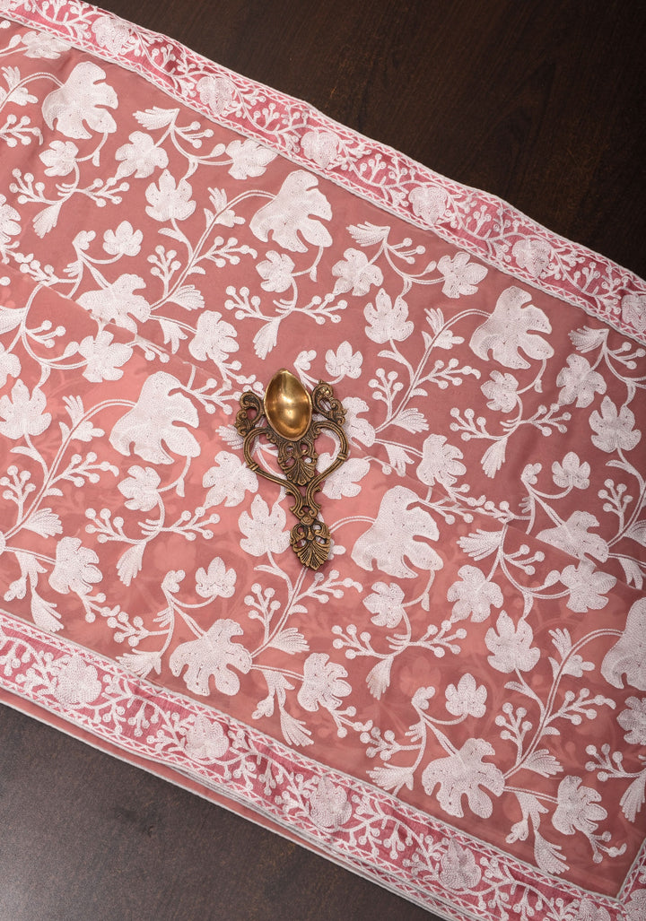 Dusky Rose Georgette Half Jaal Kashmiri Aari Embroidered Floral Saree