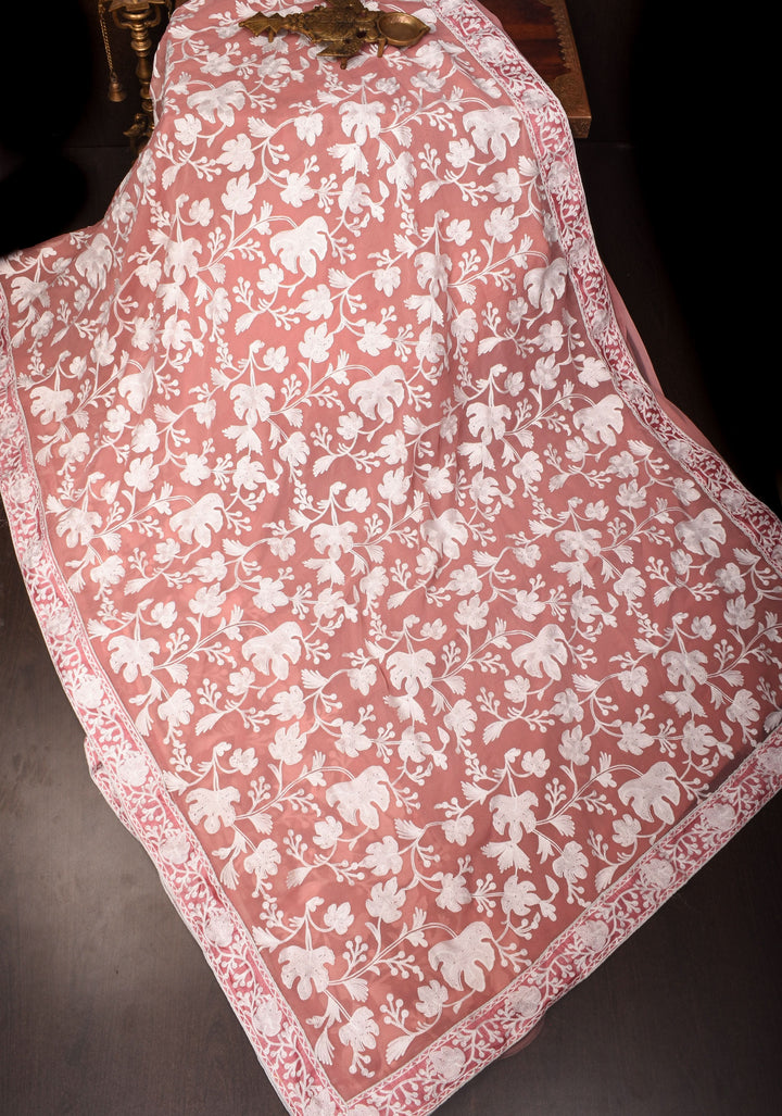 Dusky Rose Georgette Half Jaal Kashmiri Aari Embroidered Floral Saree