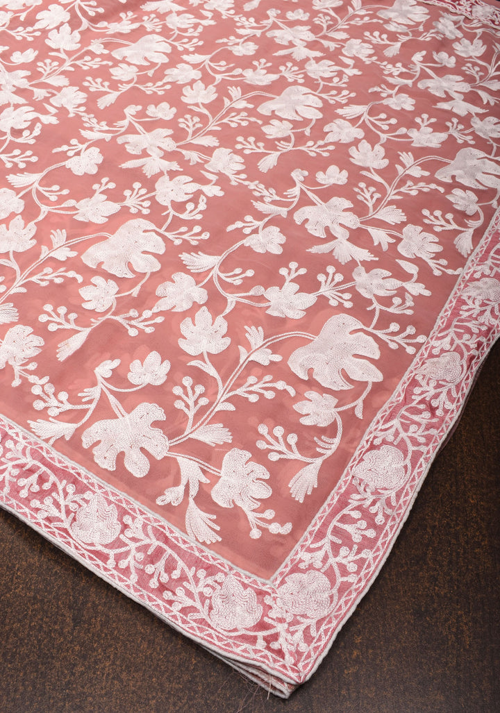 Dusky Rose Georgette Half Jaal Kashmiri Aari Embroidered Floral Saree