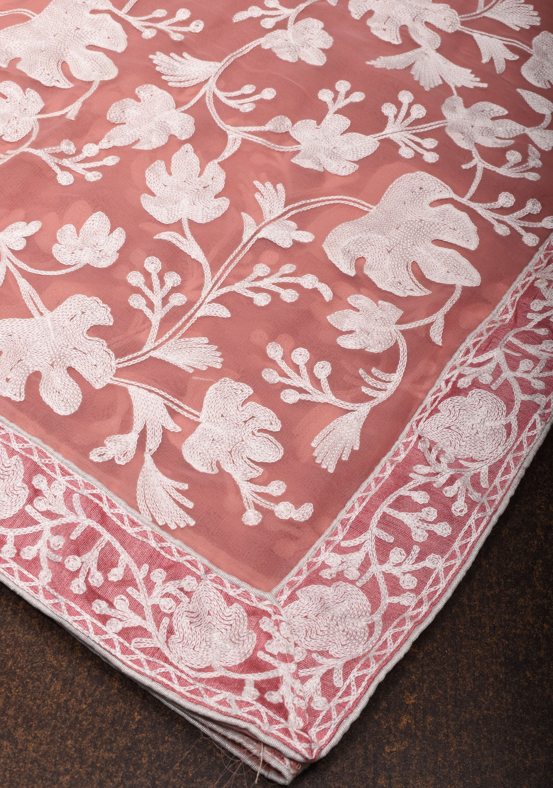 Dusky Rose Georgette Half Jaal Kashmiri Aari Embroidered Floral Saree