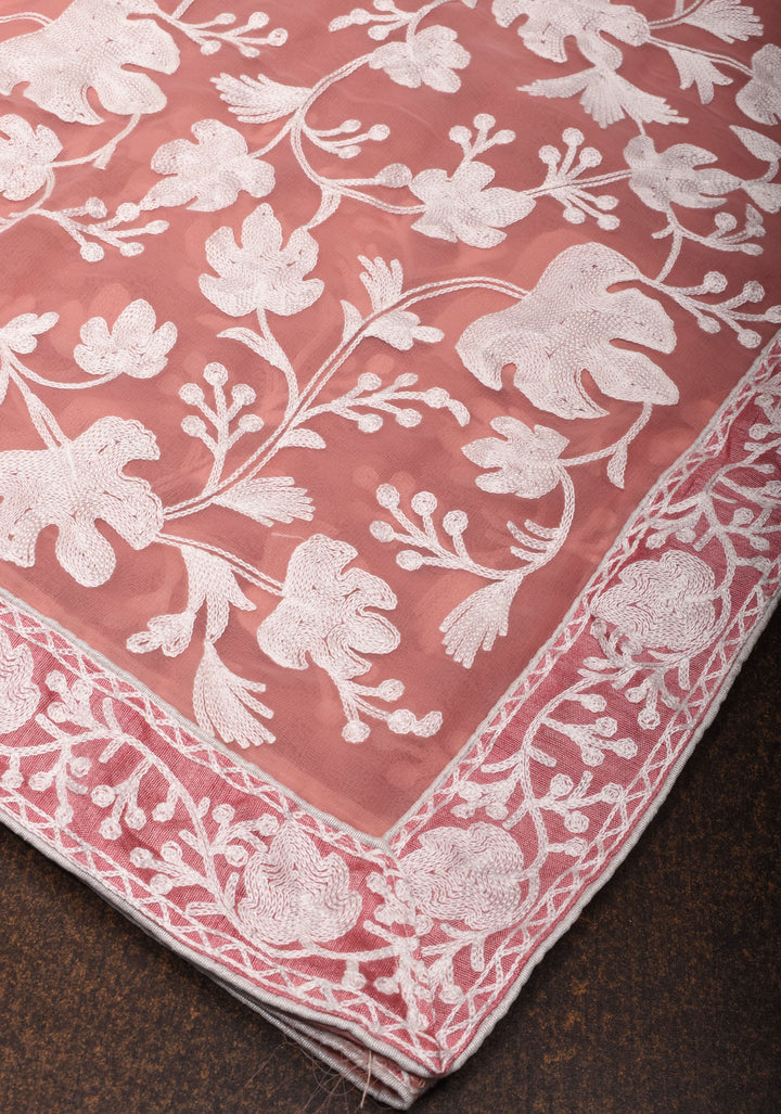 Dusky Rose Georgette Half Jaal Kashmiri Aari Embroidered Floral Saree