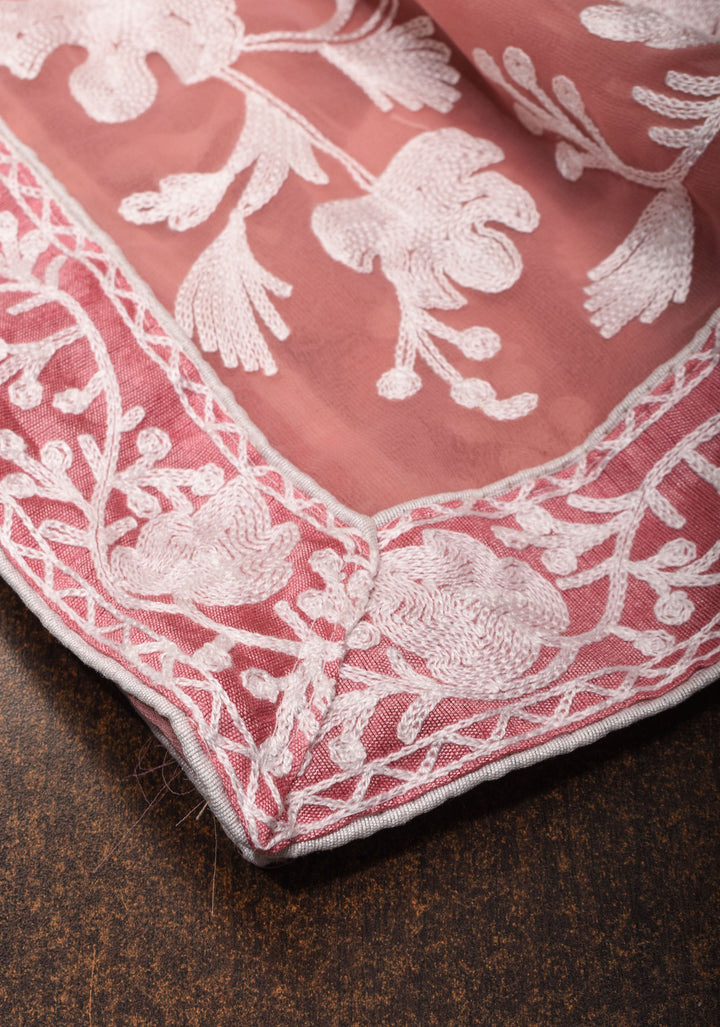 Dusky Rose Georgette Half Jaal Kashmiri Aari Embroidered Floral Saree