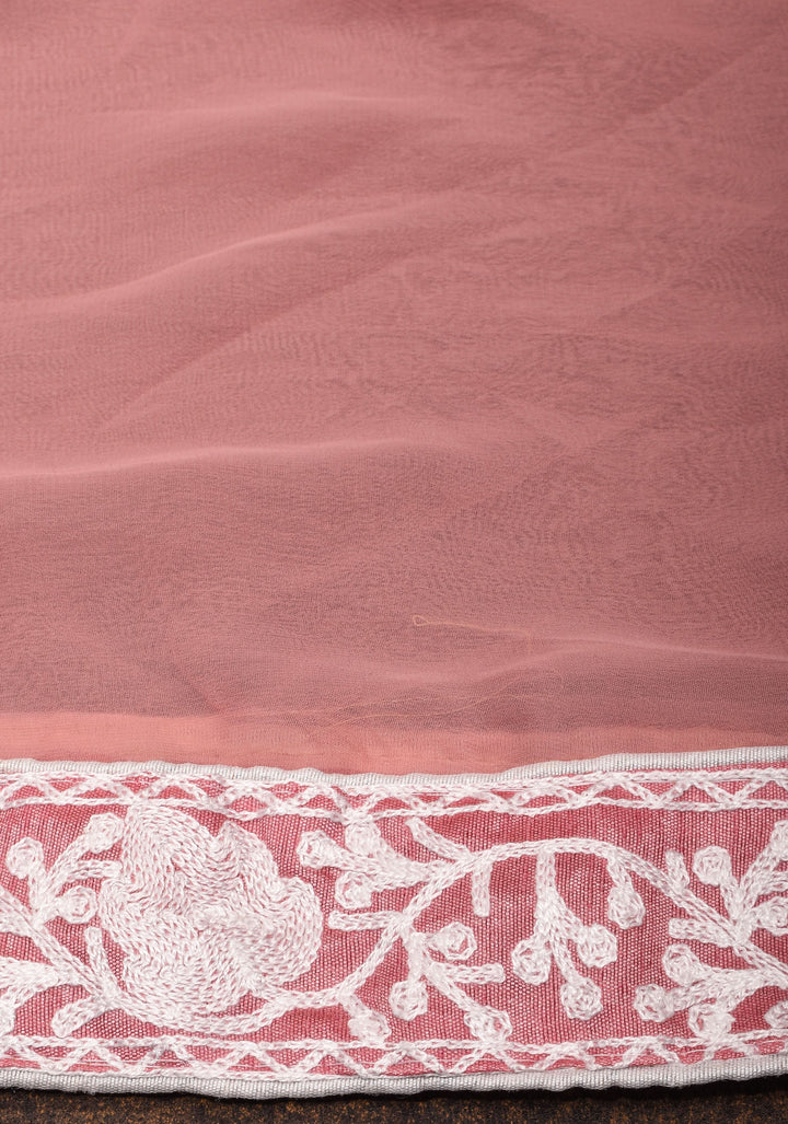 Dusky Rose Georgette Half Jaal Kashmiri Aari Embroidered Floral Saree
