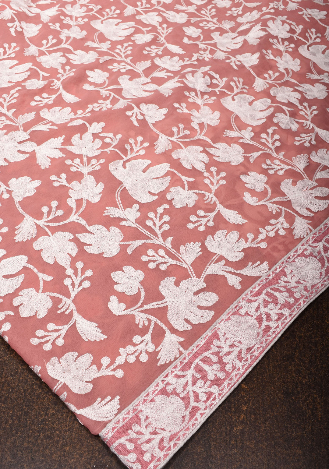 Dusky Rose Georgette Half Jaal Kashmiri Aari Embroidered Floral Saree