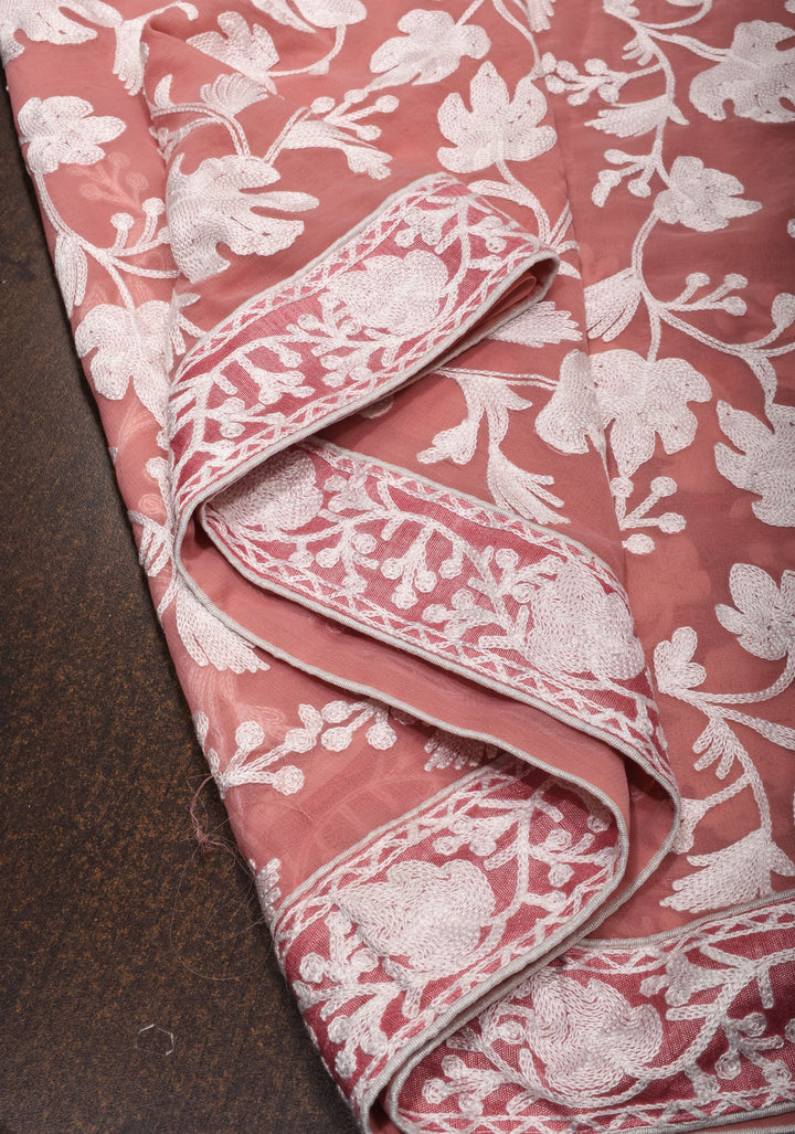 Dusky Rose Georgette Half Jaal Kashmiri Aari Embroidered Floral Saree