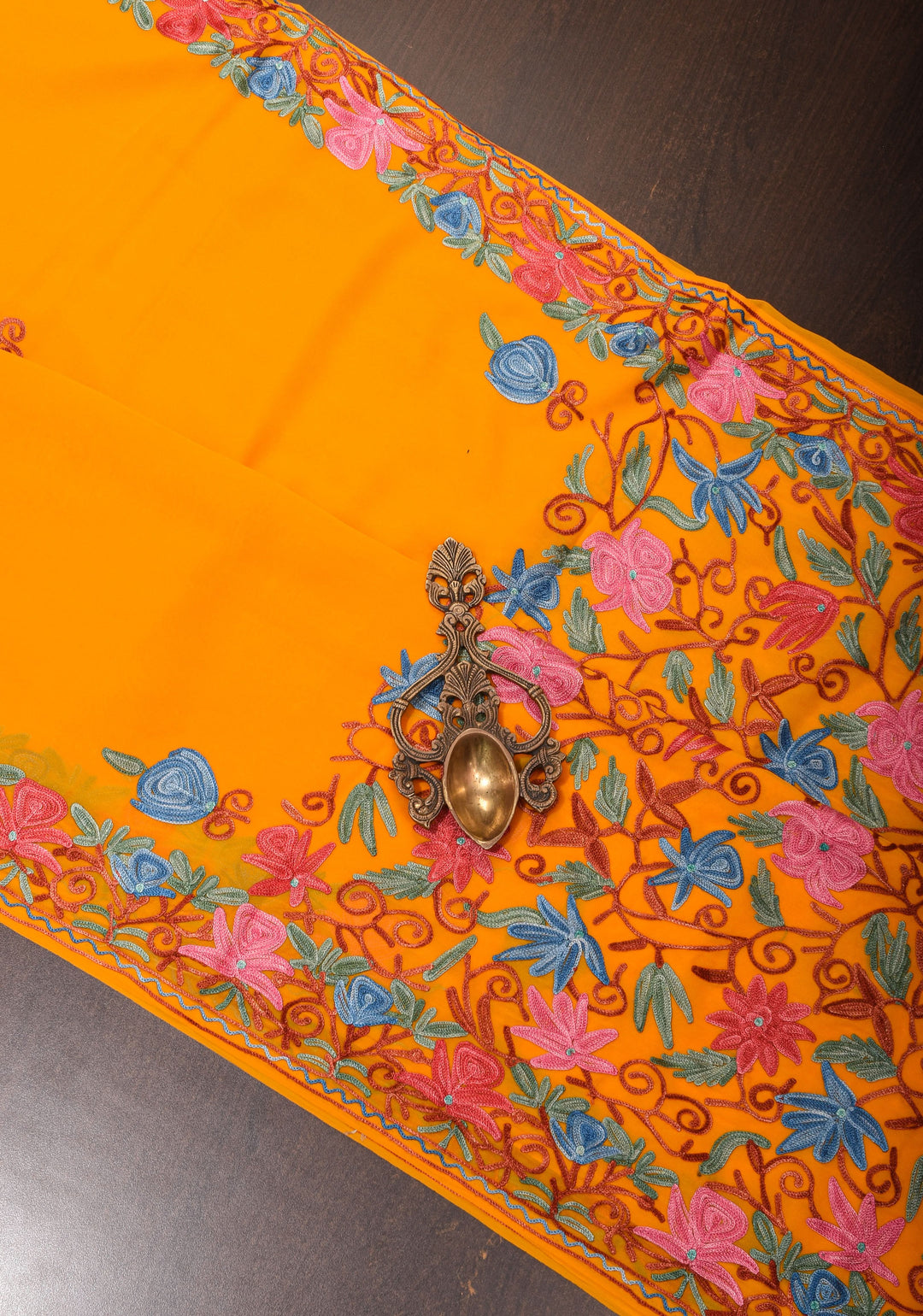 Orange Kashmiri Aari Embroidered Floral Georgette Saree