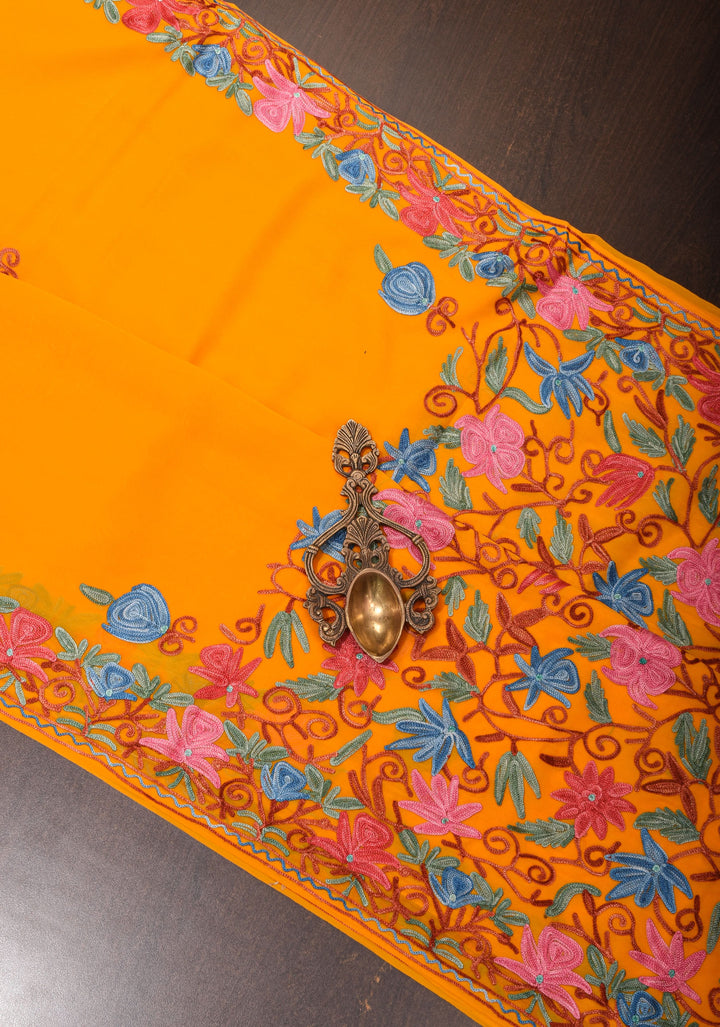 Orange Kashmiri Aari Embroidered Floral Georgette Saree