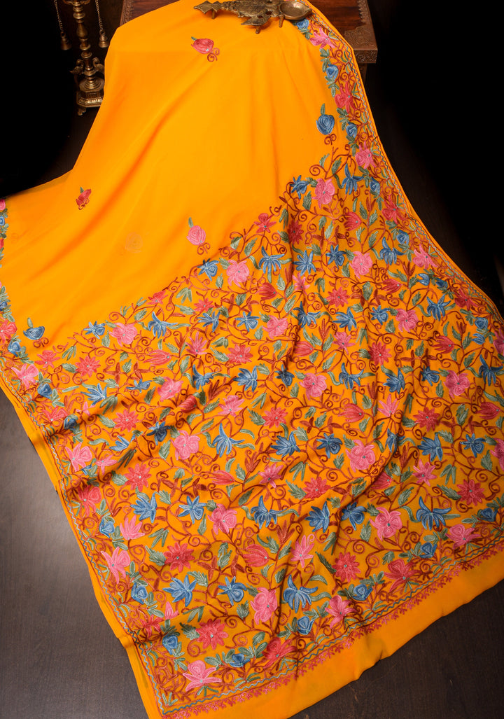 Orange Kashmiri Aari Embroidered Floral Georgette Saree