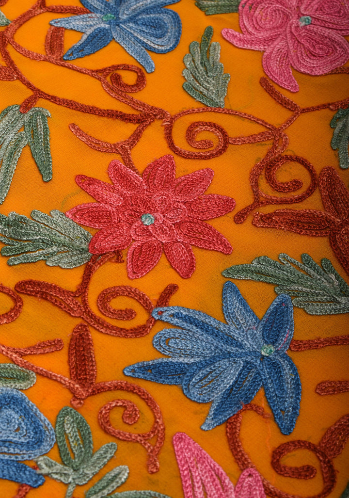 Orange Kashmiri Aari Embroidered Floral Georgette Saree