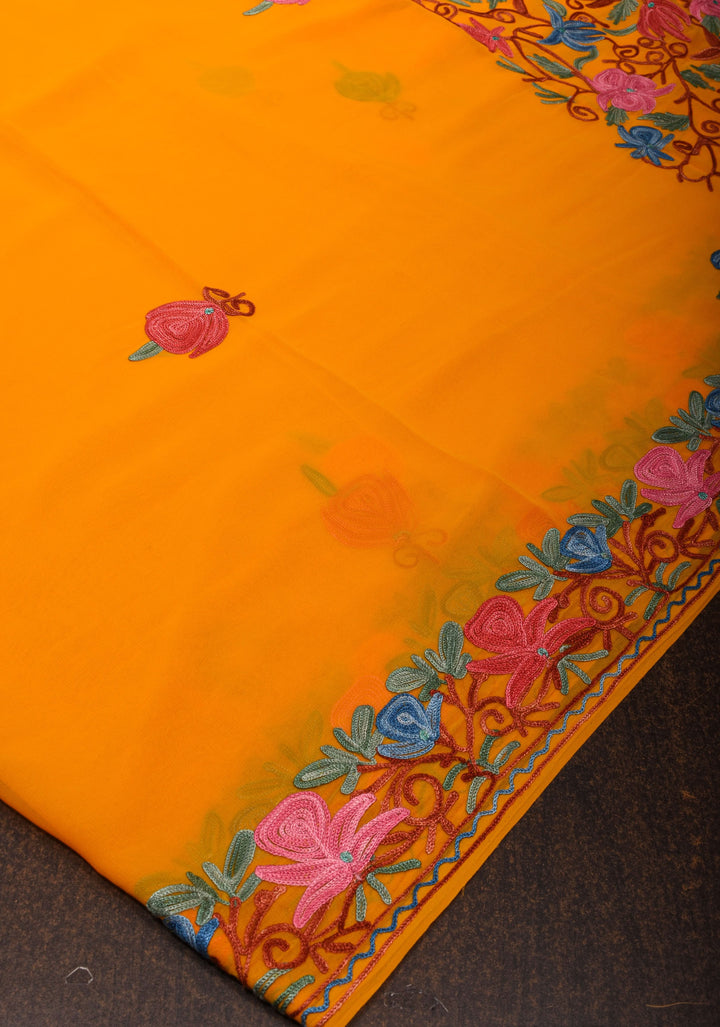 Orange Kashmiri Aari Embroidered Floral Georgette Saree