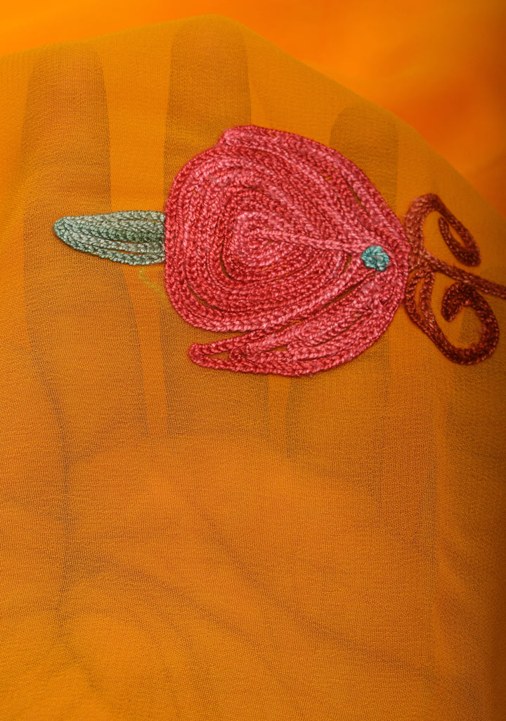 Orange Kashmiri Aari Embroidered Floral Georgette Saree