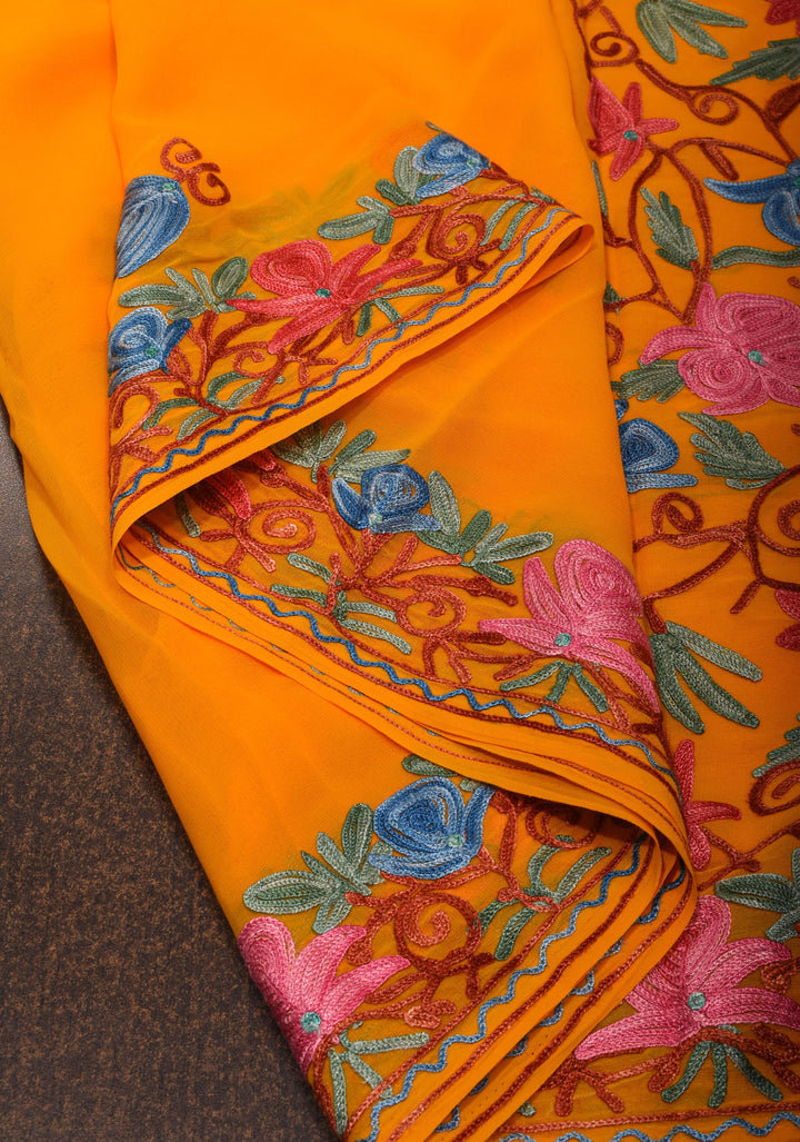 Orange Kashmiri Aari Embroidered Floral Georgette Saree