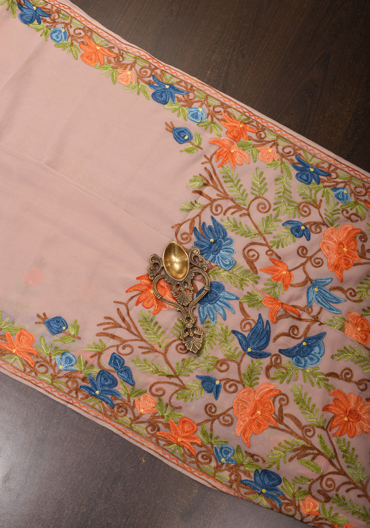 Dusty mauve Kashmiri Aari Embroidered Floral Georgette Saree