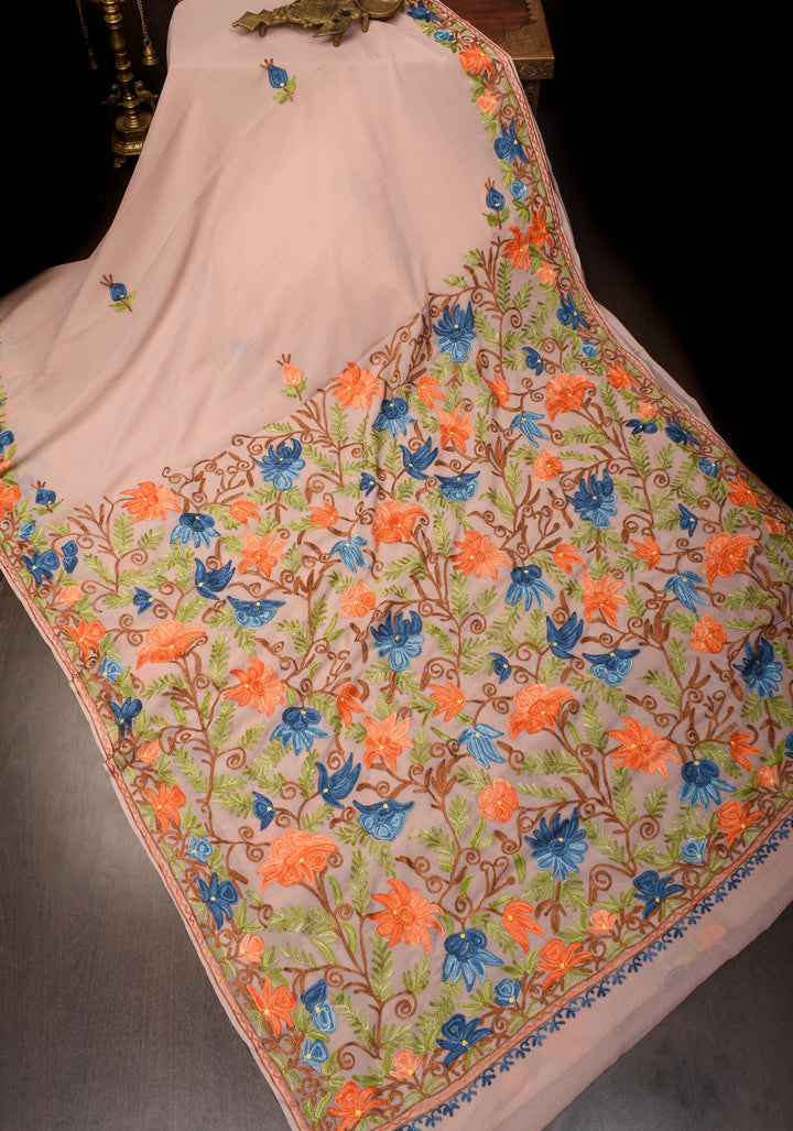 Dusty mauve Kashmiri Aari Embroidered Floral Georgette Saree