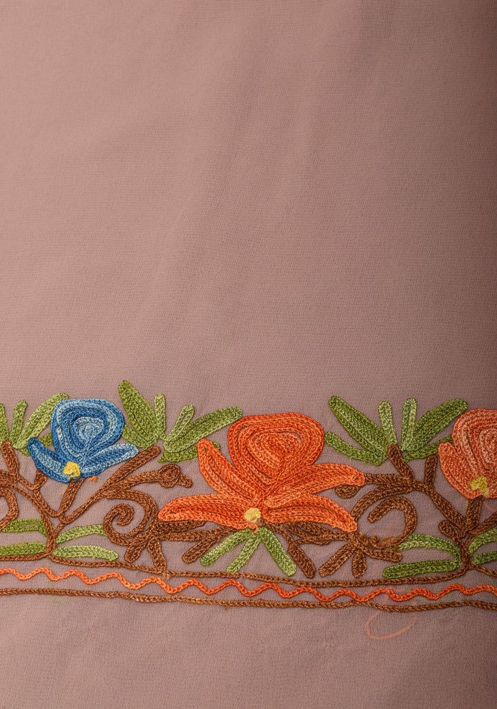 Dusty mauve Kashmiri Aari Embroidered Floral Georgette Saree