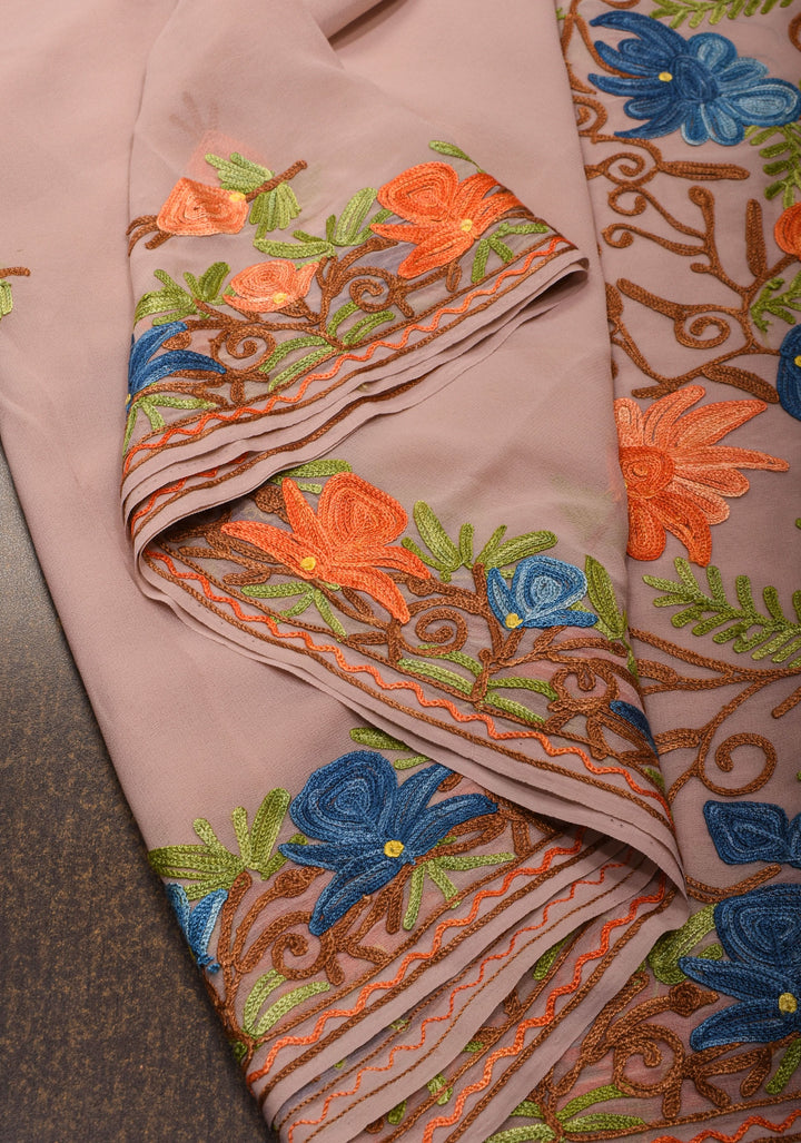 Dusty mauve Kashmiri Aari Embroidered Floral Georgette Saree