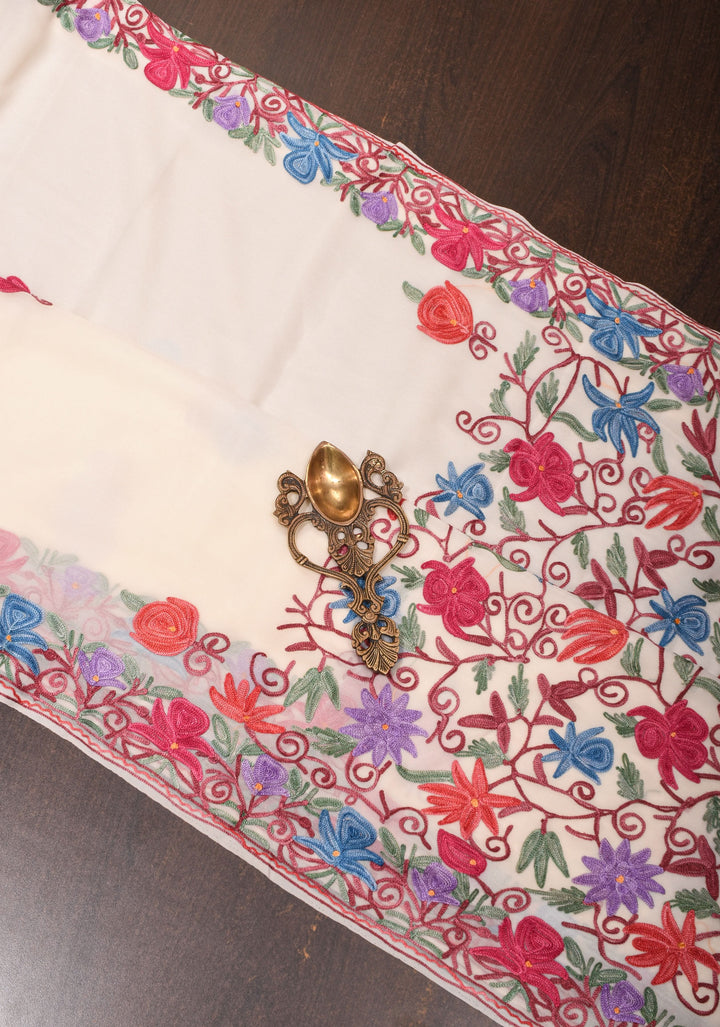 Off White Kashmiri Aari Embroidered Floral Georgette Saree