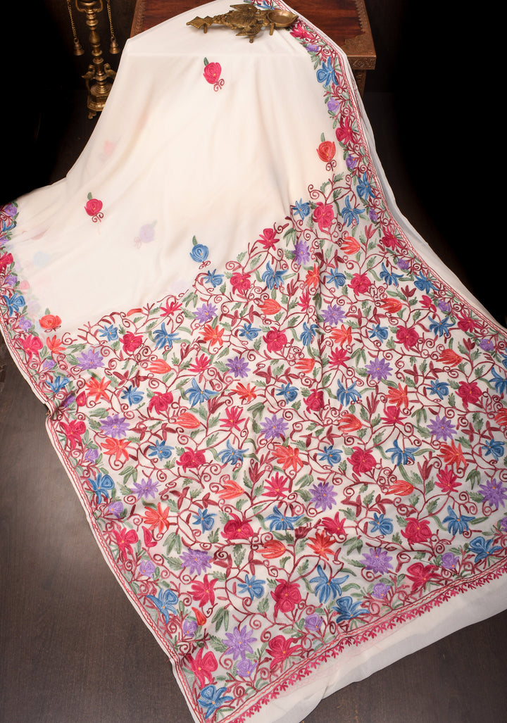 Off White Kashmiri Aari Embroidered Floral Georgette Saree