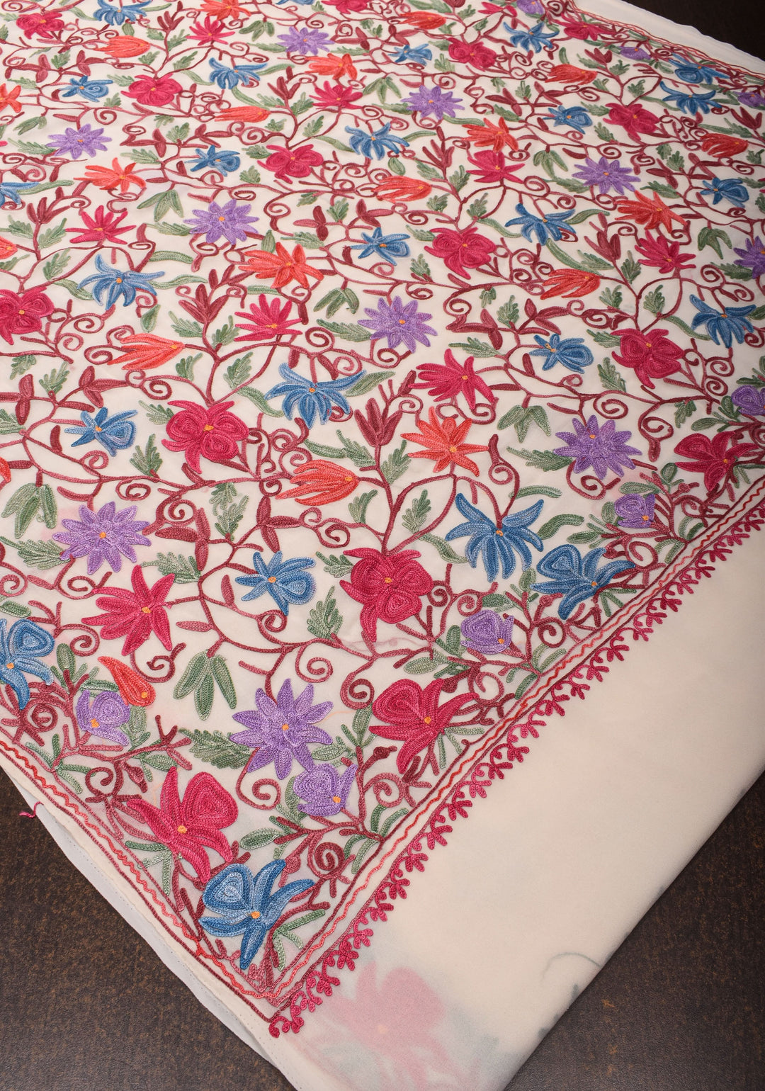 Off White Kashmiri Aari Embroidered Floral Georgette Saree