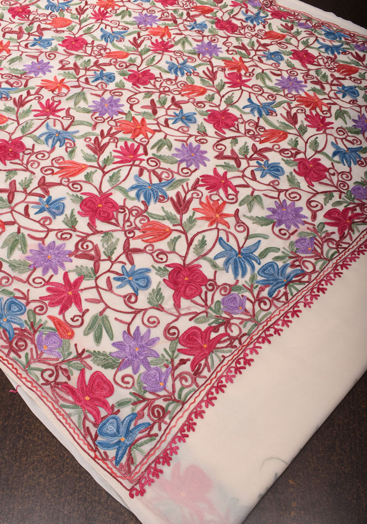 Off White Kashmiri Aari Embroidered Floral Georgette Saree