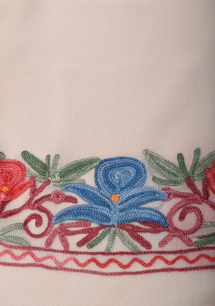 Off White Kashmiri Aari Embroidered Floral Georgette Saree