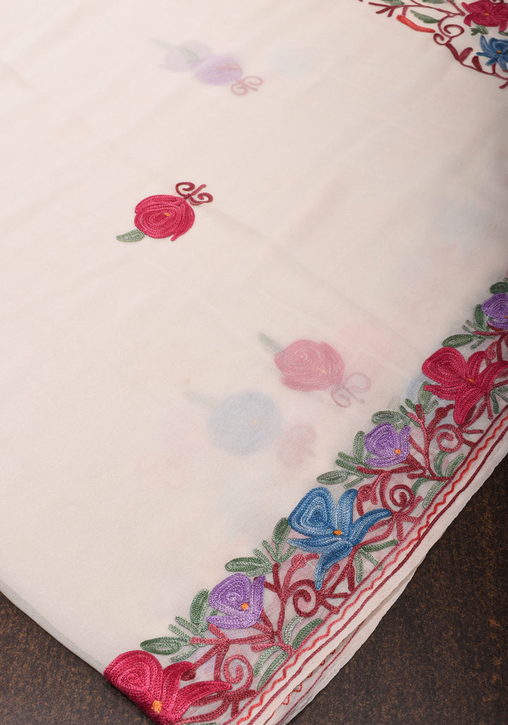 Off White Kashmiri Aari Embroidered Floral Georgette Saree