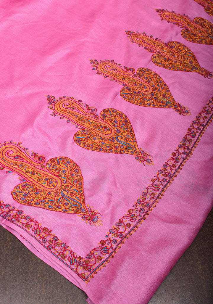 Pink Thistle Pure Tussar Silk Saree with Authentic Sozni Hand Embroidery | SILK MARK CERTIFIED
