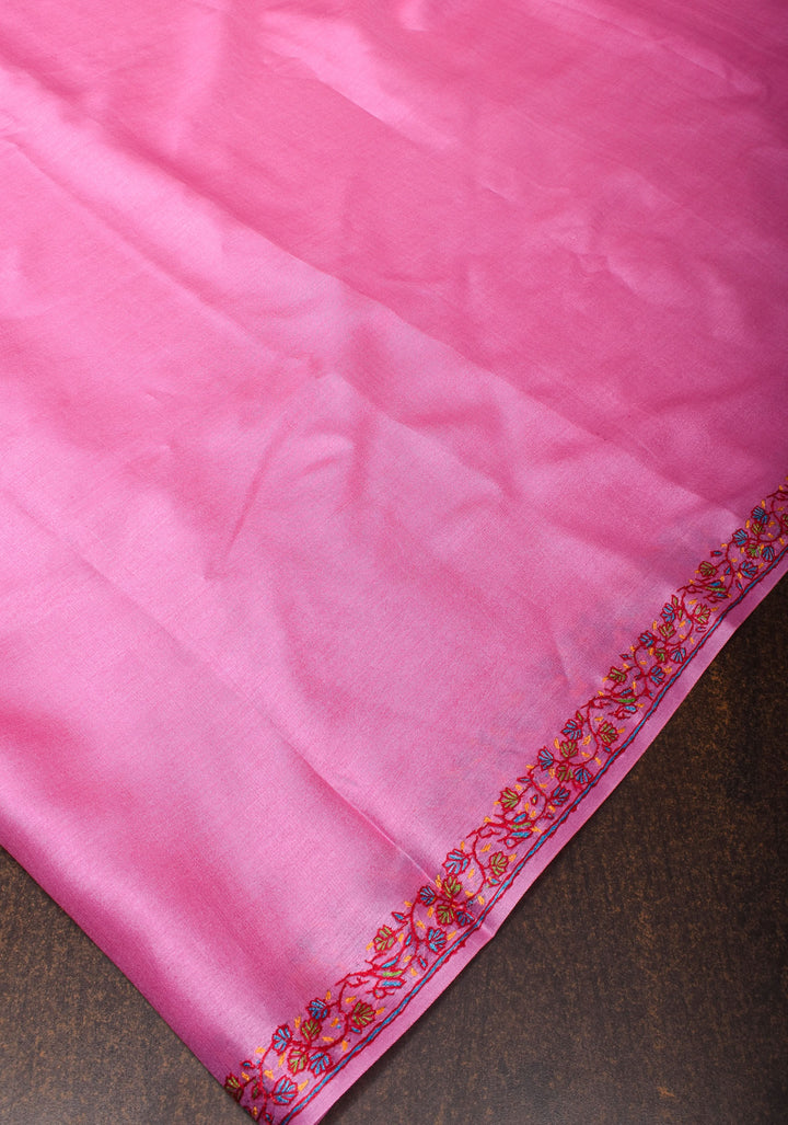 Pink Thistle Pure Tussar Silk Saree with Authentic Sozni Hand Embroidery | SILK MARK CERTIFIED
