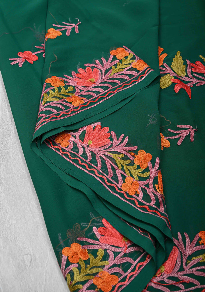 Bottle Green Kashmiri Aari Georgette Saree with Floral Embroidery