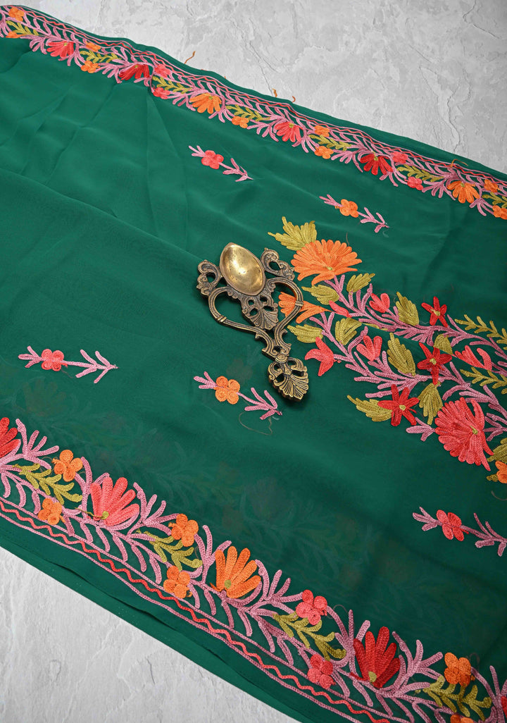 Bottle Green Kashmiri Aari Georgette Saree with Floral Embroidery