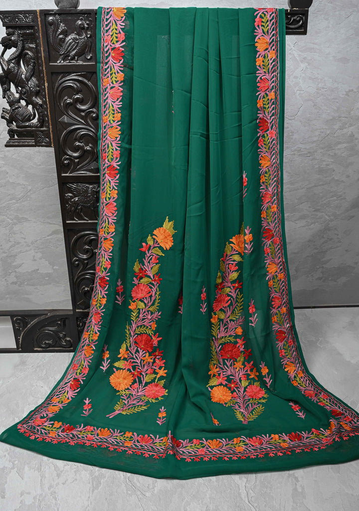 Bottle Green Kashmiri Aari Georgette Saree with Floral Embroidery