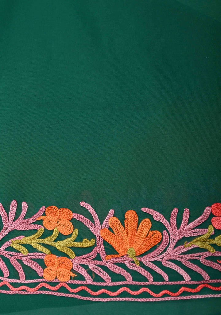 Bottle Green Kashmiri Aari Georgette Saree with Floral Embroidery