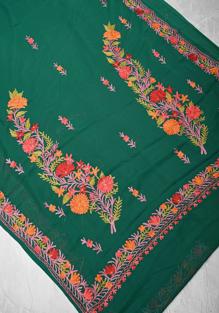 Bottle Green Kashmiri Aari Georgette Saree with Floral Embroidery