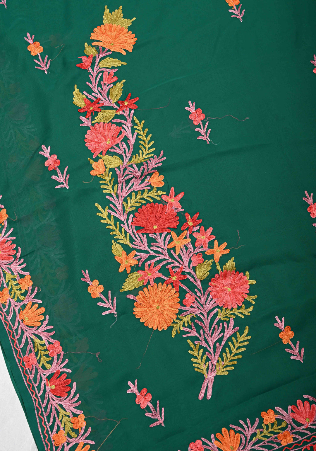 Bottle Green Kashmiri Aari Georgette Saree with Floral Embroidery